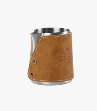 Stainless steel milk pitcher Leather wrap.
